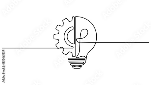 Continuous one single line drawing innovation Light bulb and gears inside icon vector illustration . One single line drawing of lightbulb with metal gear wheel inside .Training and workshop concept