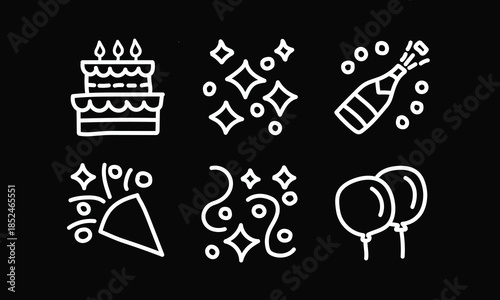 Birthday Celebration Icons with Cake, Balloons and Confetti on Black Background