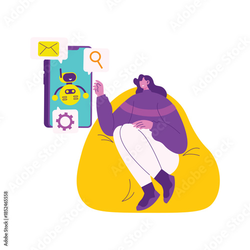 Woman Lounging on Bean Bag Chair Using Smartphone with AI Robot Assistant.