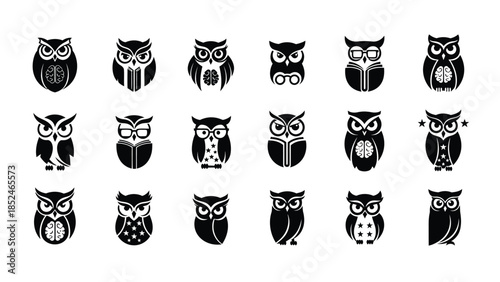 Collection of different owl silhouettes with unique designs and patterns