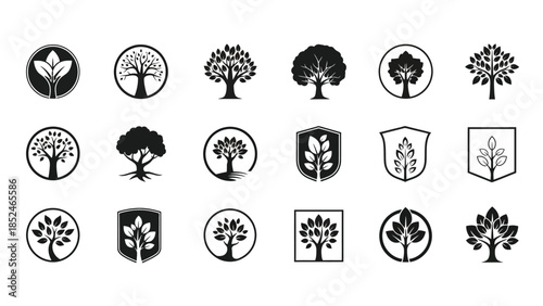 Collection of black tree logos on white background