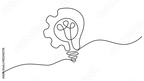 Continuous one single line drawing innovation Light bulb and gears inside icon vector illustration . One single line drawing of lightbulb with metal gear wheel inside .Training and workshop concept