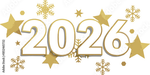 New Year 2026 white numbers with golden outlines surrounded by shimmering stars and snowflakes festive holiday vector.