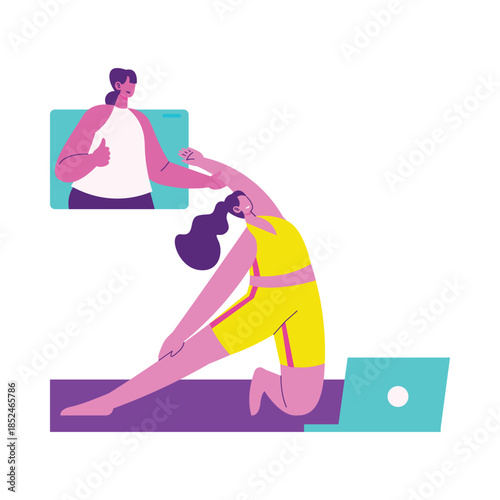 Woman Stretching in Yoga Pose During Online Video Call.