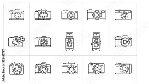 Collection of various camera icons in black and white