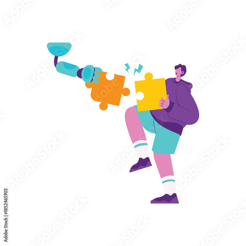 Young Man Collaborating with Robot Using Puzzle Pieces.