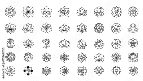 Collection of various black and white flower line art designs