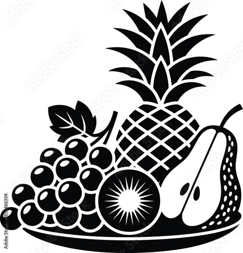 Black and white illustration of fruit still life on transparent background design