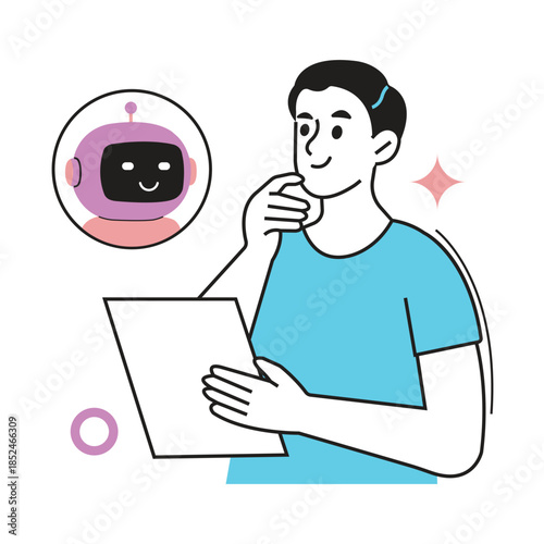 Legal advice with  ai service vector illustration. A man interacts with a digital assistant to brainstorm new ideas and solve problems