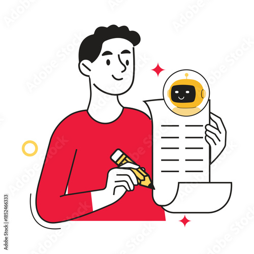 Legal advice with  ai service vector illustration. A person is reviewing a document generated or assisted by artificial intelligence