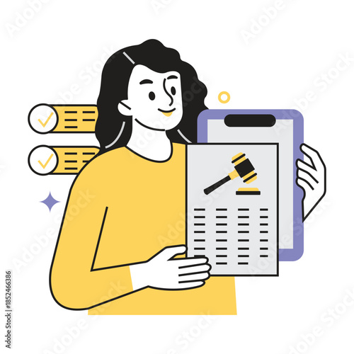 Legal advice with  ai service vector illustration. Woman holding legal document and checklist for compliance and regulation,