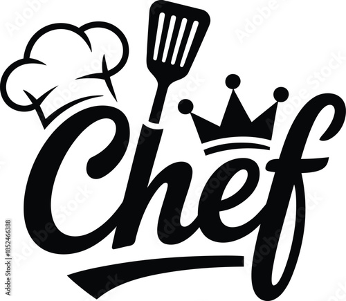 Chef logo design with hat, crown, and spatula vector artwork for restaurant