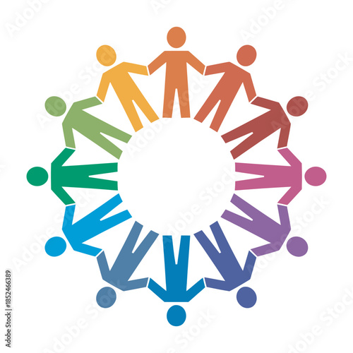 colorful people holding hands in a circle, vector illustration