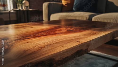 Rustic live edge wooden coffee table in modern living room