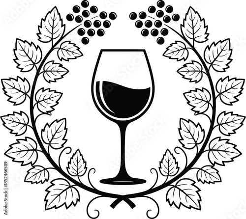 Elegant wine glass encircled by grape wreath for gourmet food vector illustration