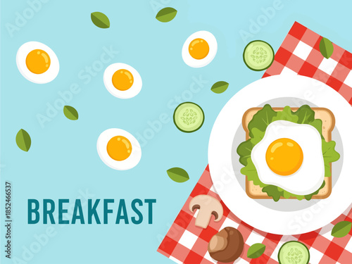 This vibrant flat-lay illustration features a wholesome breakfast of sunny-side-up toast on a white plate, playfully surrounded by floating boiled eggs, cucumber slices, and mushrooms on a red cloth