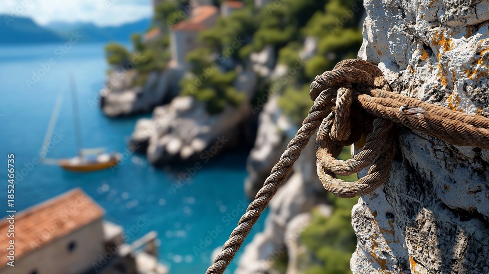 Fototapeta premium Secure Rope Knot on Rocky Cliff Overlooking Azure Sea Montenegro Coastline.