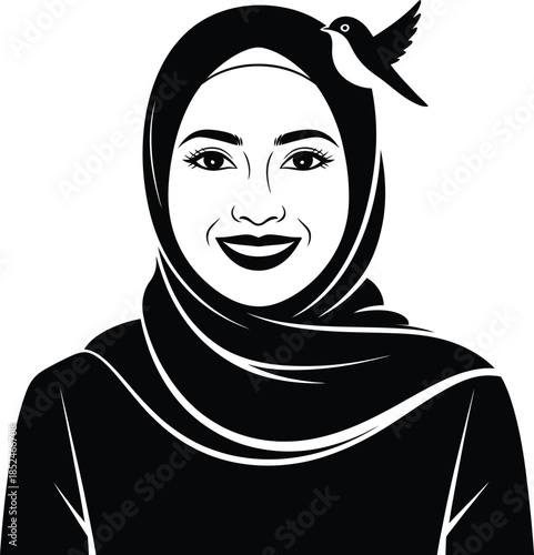 Illustration of muslim woman in hijab with bird smiling wearing scarf in black