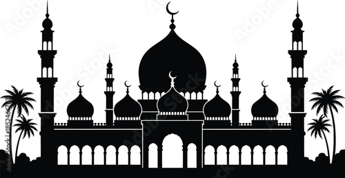 Mosque building silhouette with minarets muslim architecture vector illustration