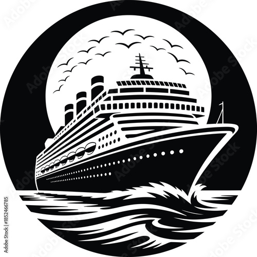 Ocean Cruise Ship Traveling on Waves with Birds in Circle Frame Illustration