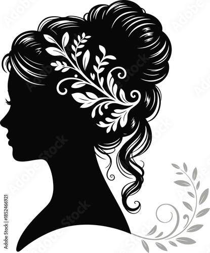 Silhouette of woman with elegant hairstyle and floral hair accessory in black style