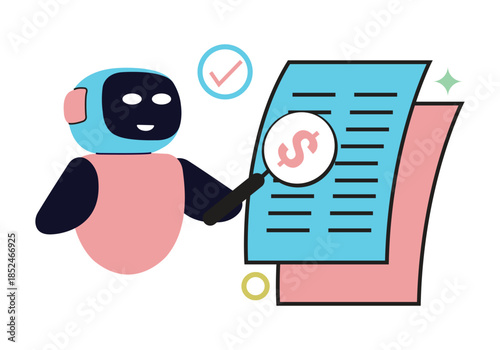 Legal advice with  ai service vector illustration. A robot uses a magnifying glass to verify financial data on a document.