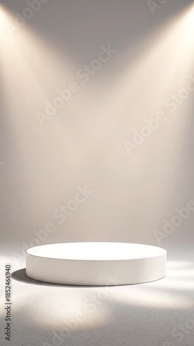 A minimalist white cylindrical platform bathed in spotlight, casting shadows against a pale backdrop