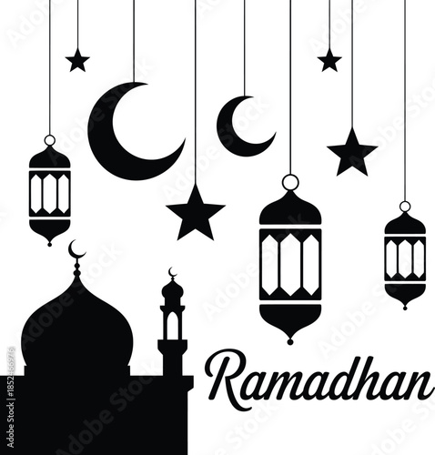 Silhouette ramadhan illustration with mosque, crescent moons and lanterns for decoration