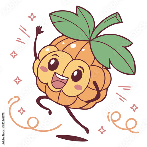 A cheerful cartoon fruit character dances happily with a wide smile and sparkling energy