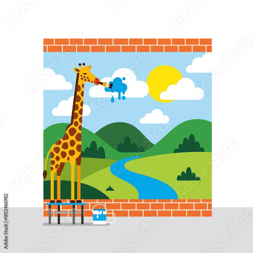 A whimsical mural of a giraffe painting a blue elephant in the sky, standing on scaffolding against a brick wall, with a serene landscape background.