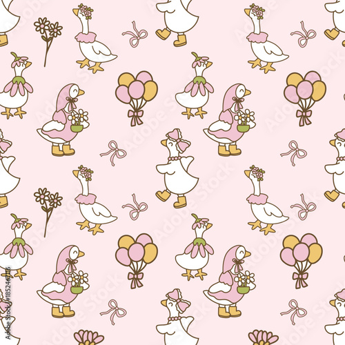 Charmingly Cute Seamless Pattern with Cartoon Geese, Flowers, and Balloons