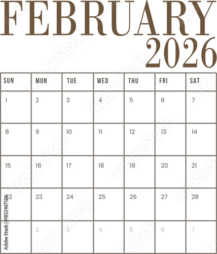 February calendar 2026. 12 months calendar in minimal lay out clip art collection with days and weekly schedule monthly pages design vector illustration. Minimalist style monthly calendar .
