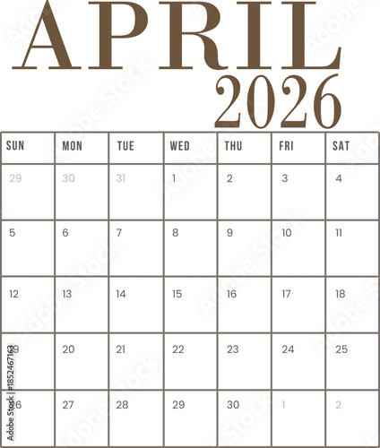 April calendar 2026. 12 months calendar in minimal lay out clip art collection with days and weekly schedule monthly pages design vector illustration. Minimalist style monthly calendar .