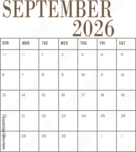 September calendar 2026. 12 months calendar in minimal lay out clip art collection with days and weekly schedule monthly pages design vector illustration. Minimalist style monthly calendar .