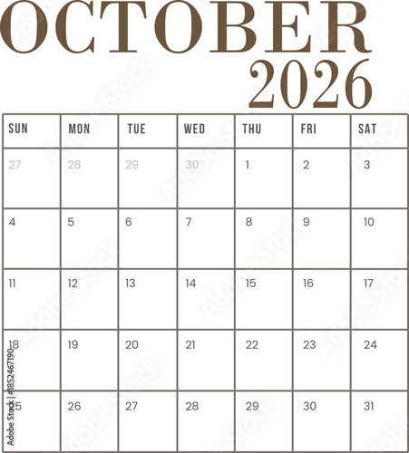 october calendar 2026. 12 months calendar in minimal lay out clip art collection with days and weekly schedule monthly pages design vector illustration. Minimalist style monthly calendar .