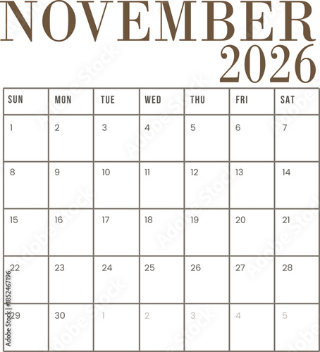 November calendar 2026. 12 months calendar in minimal lay out clip art collection with days and weekly schedule monthly pages design vector illustration. Minimalist style monthly calendar .