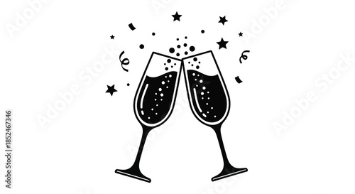A celebratory toast with two champagne glasses amidst sparkling stars a striking silhouette