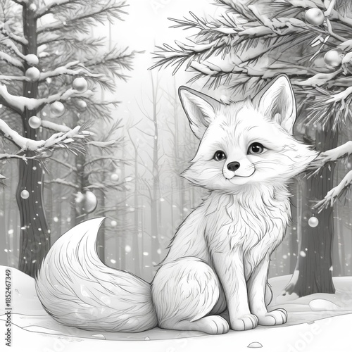Black and white illustration for a children's coloring book.
A cute little fox cub with a fluffy tail stands calmly under a small fir tree in a winter forest.
Soft, fairytale style, cozy winter mood.