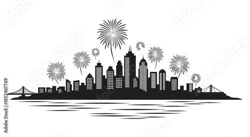Fireworks illuminating a detailed city skyline and bridge presented in a striking silhouette