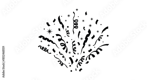 A burst of celebratory confetti and glittering stars forming a heart shape silhouette