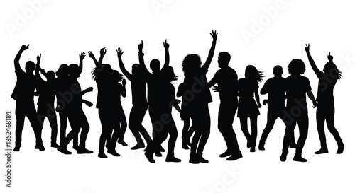 A joyful crowd of people raising their hands in celebration depicted as a silhouette