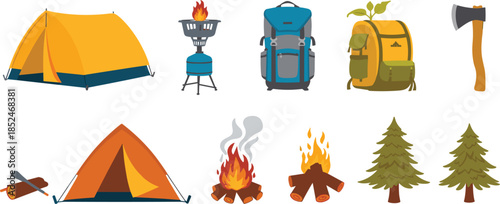 Camping Gear Including Tents Backpacks Campfires And Axe Keywords: camping, tent, backpack