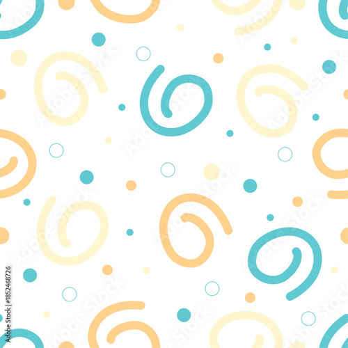 Seamless pattern featuring soft pastel circles and doodle lines on a clean white background. Perfect for backgrounds, textiles, and designs requiring a gentle and minimalist touch.