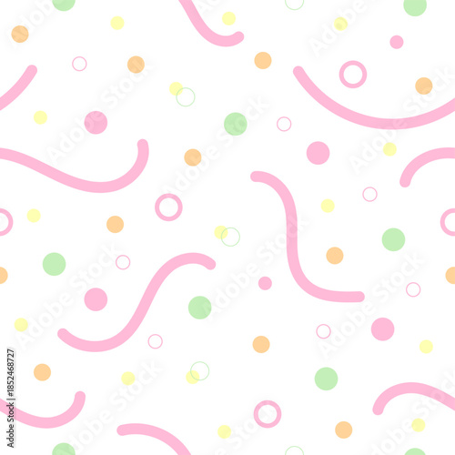 Seamless pattern featuring soft pastel circles and lines on a clean white background. Perfect for backgrounds, textiles, and designs requiring a gentle and minimalist touch.