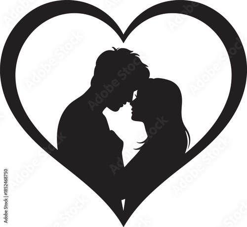 "Romantic Couple Silhouette Kissing in Heart Frame, Black and White Illustration"