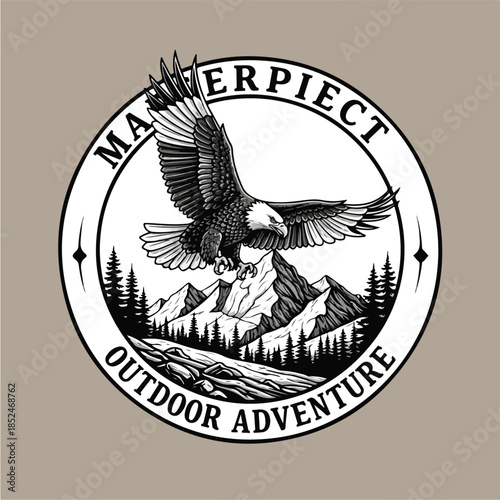 Majestic Eagle Soaring Over Mountainous Landscape with Forest in a Circular Outdoor Adventure Emblem.