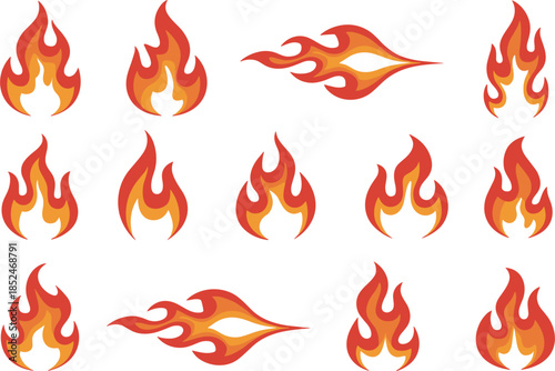 Collection of stylized fire flame icons in red and orange colors Keywords: fire, flame, icon