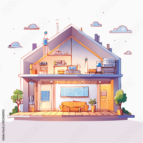 house with flowers and birds