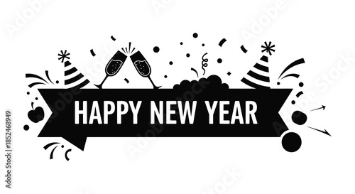 Festive new year celebration with champagne glasses confetti and party hats a beautiful silhouette