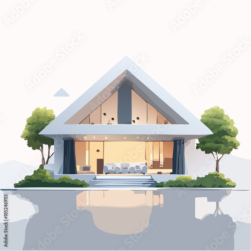 house with flowers and birds